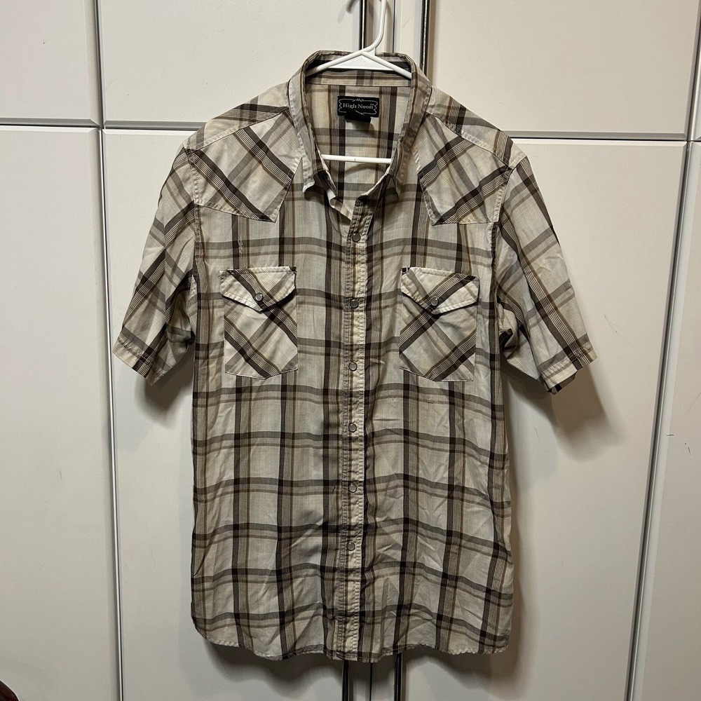 High Noon Mens Brown Plaid Pearl Snap Western Short Sleeve Shirt Large Regular